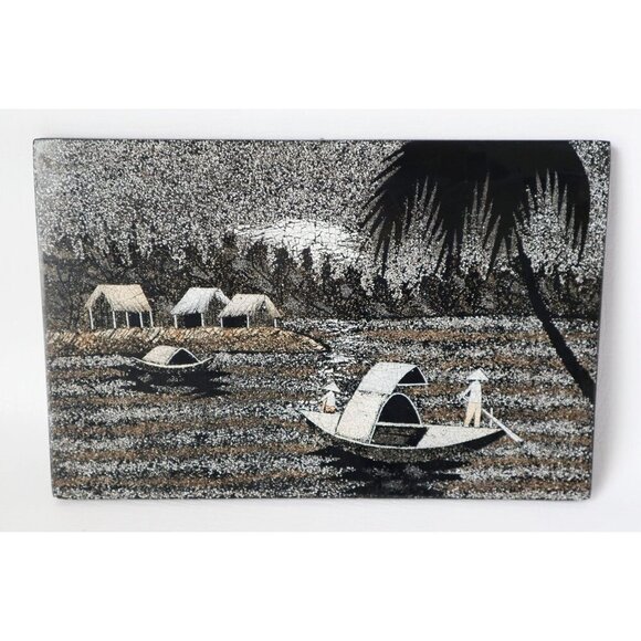 3 Piece Vietnamese Wood Black Lacquer Daily Life Fishing Village Eggshell Wall A - Picture 5 of 6